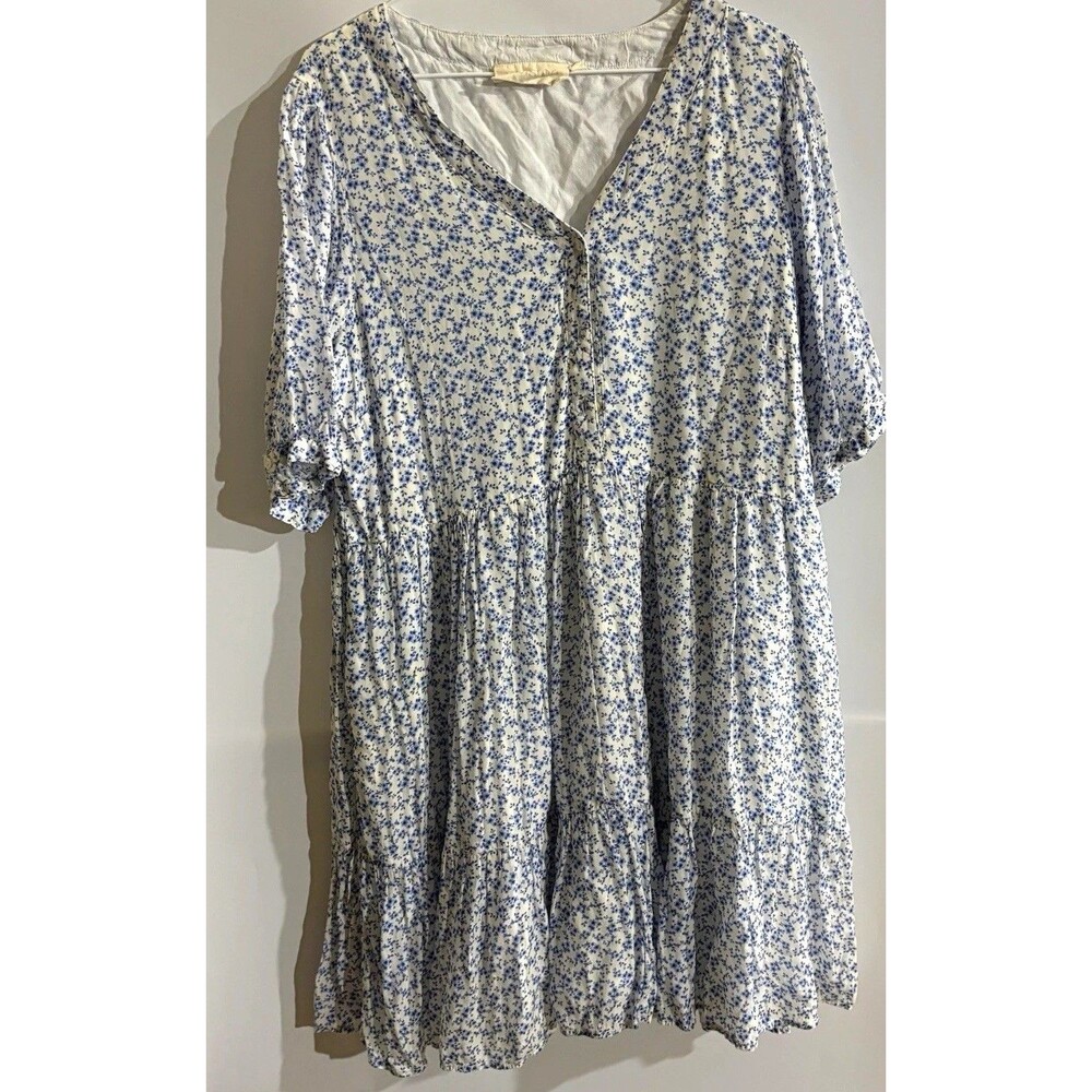 Reistor Forget me Not White/Blue Floral V-Neck Button Puff Sleeve Mini Dress M